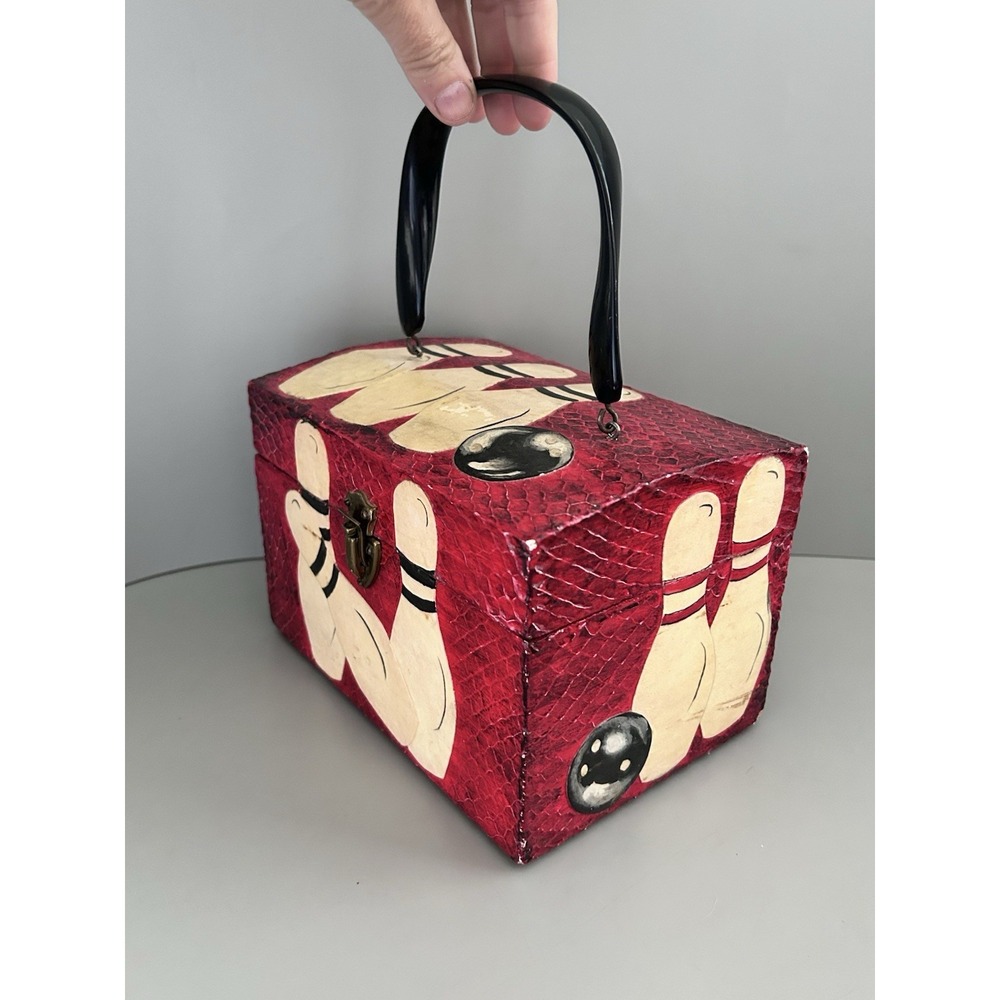 Vintage Rockabilly Bowling Decoupage Wooden Box Purse Handbag Red & Black OOAK! - Picture 3 of 16